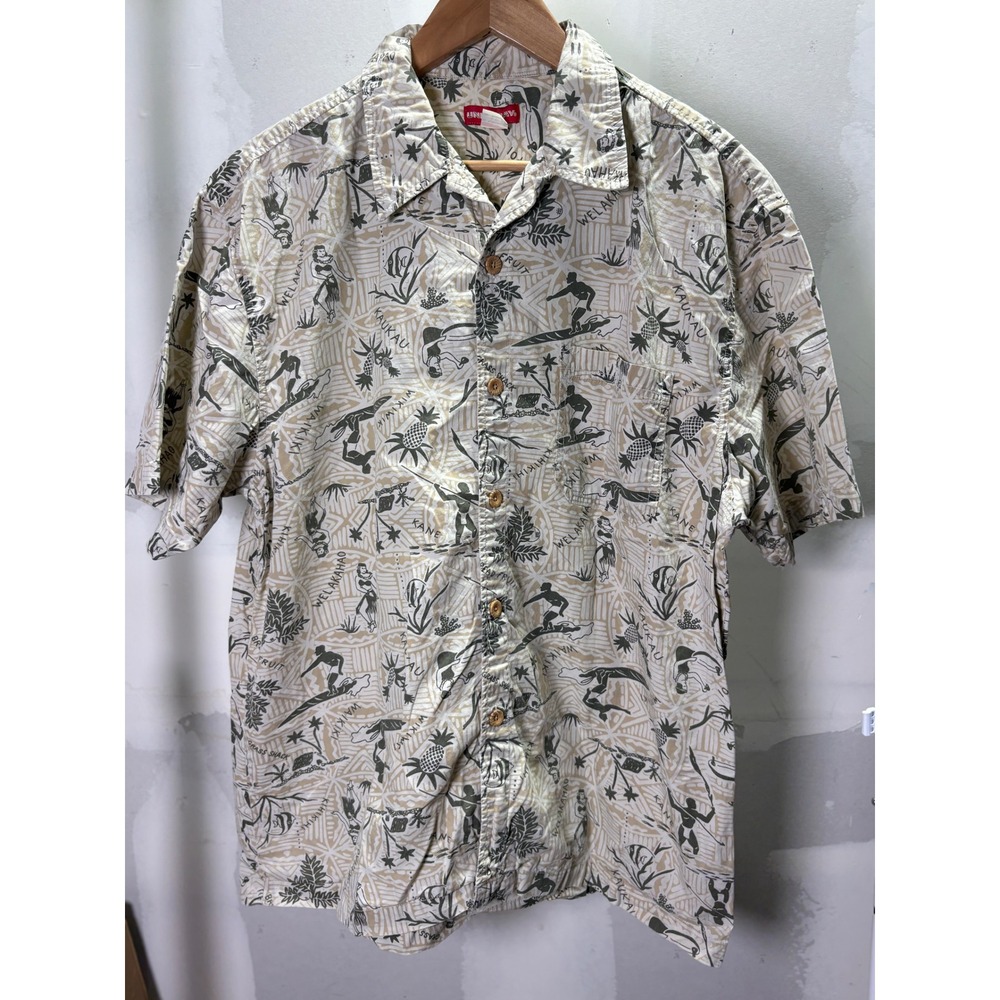 Unionbay Mens Large Hawaiian Shirt Tan Green Tropical Surf Hula Cotton Vintage